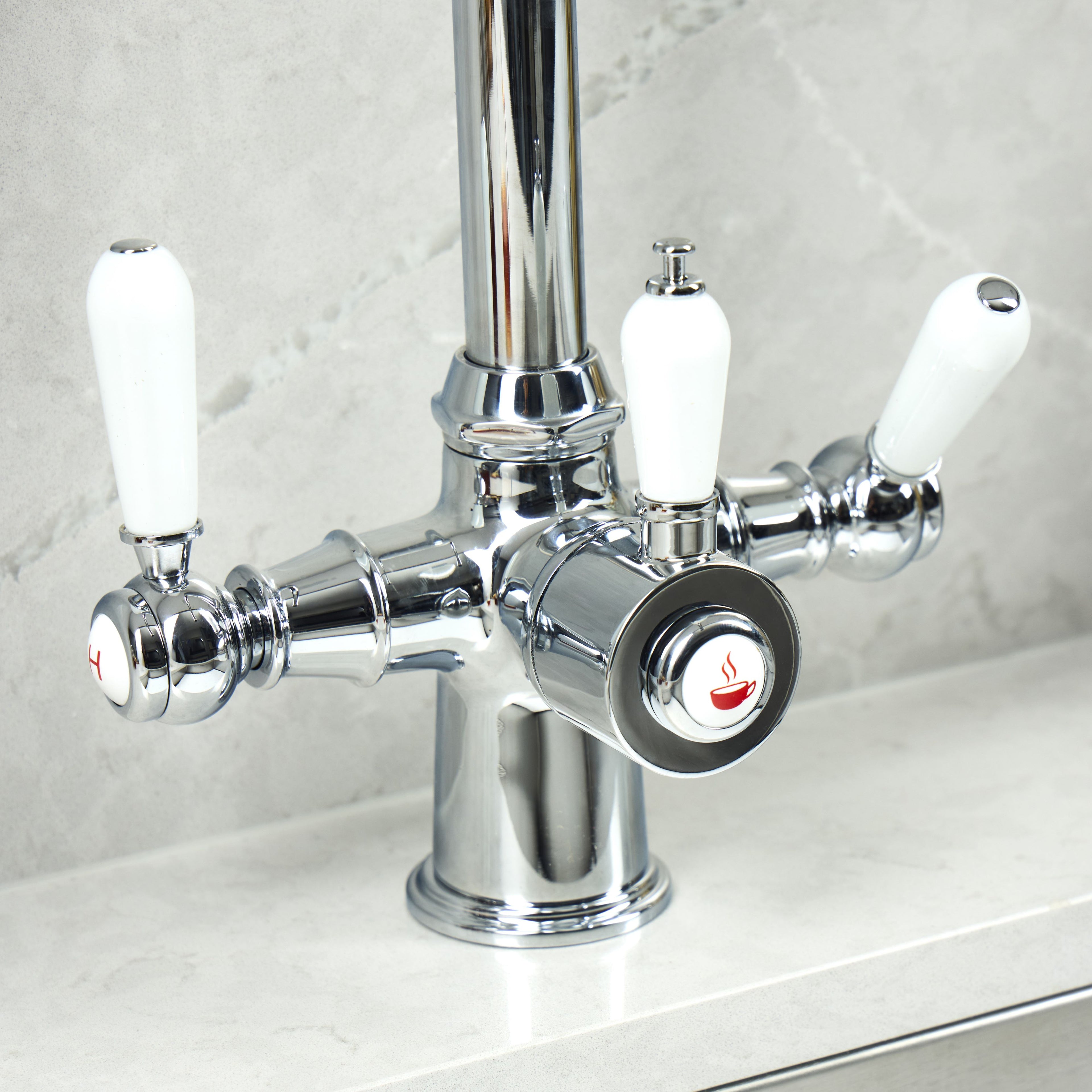 Verossi  | Vandisso | Traditional Cruciform Style 3 in 1 Instant Boiling Tap | White Ceramic Levers | Polished Chrome Finish