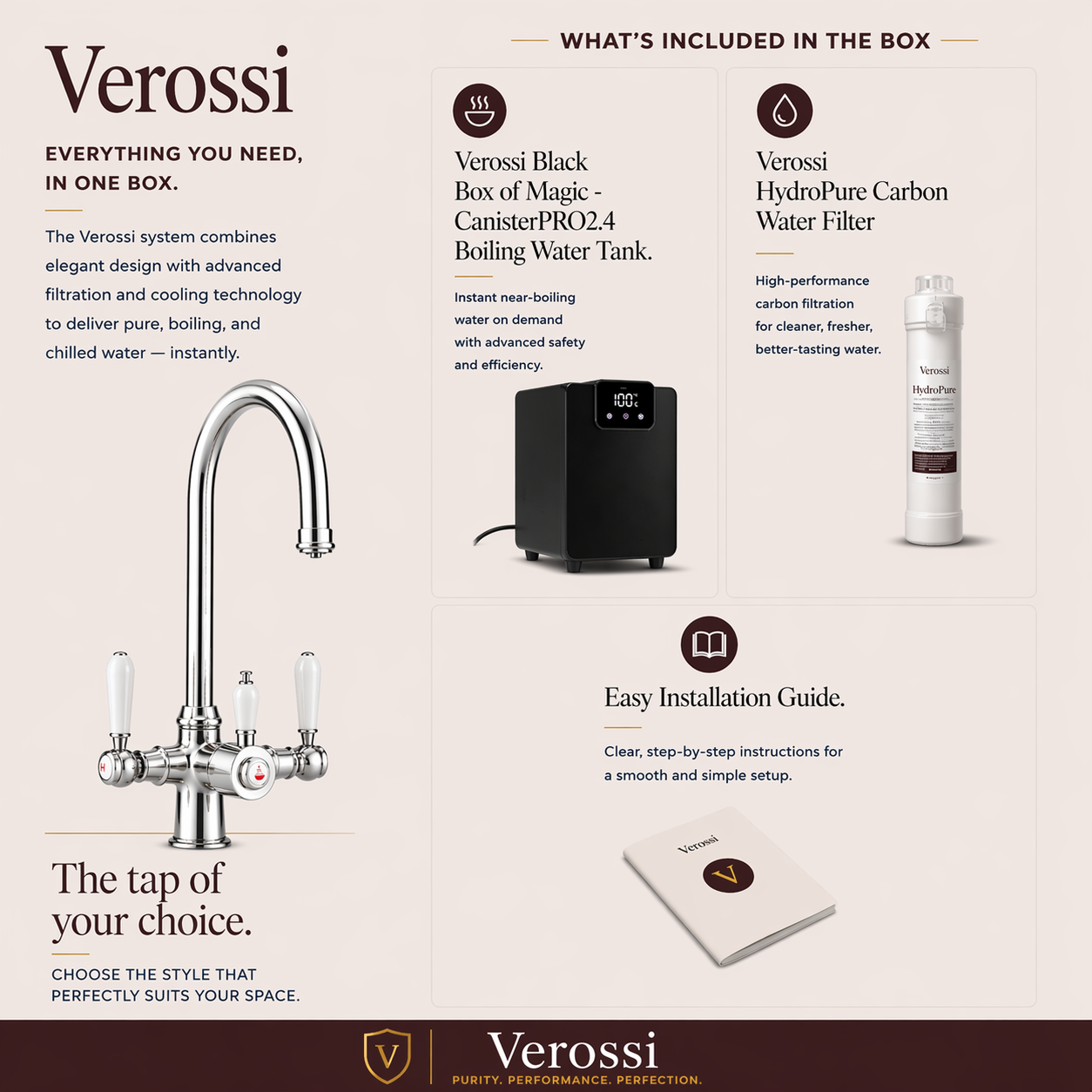 Verossi  | Vandisso | Traditional Cruciform Style 3 in 1 Instant Boiling Tap | White Ceramic Levers | Polished Chrome Finish