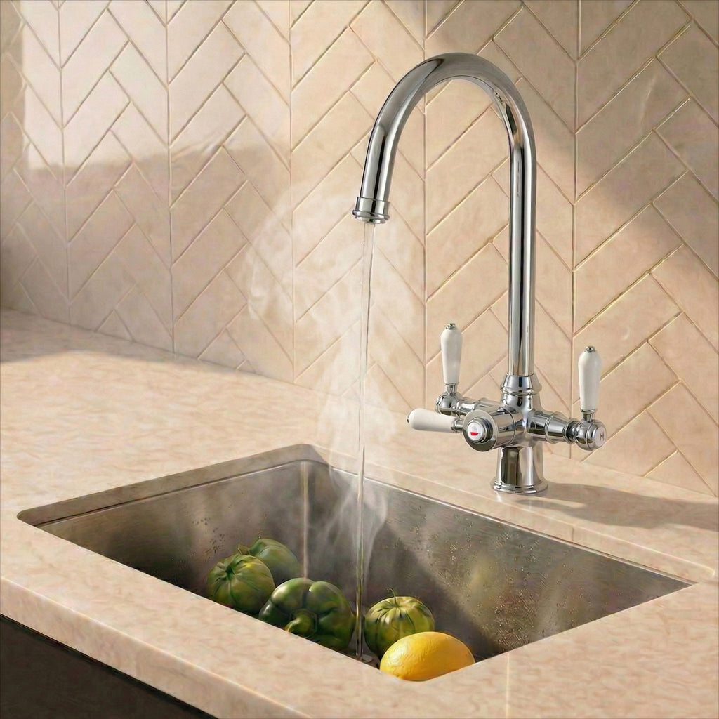 Verossi  | Vandisso | Traditional Cruciform Style 3 in 1 Instant Boiling Tap | White Ceramic Levers | Polished Chrome Finish