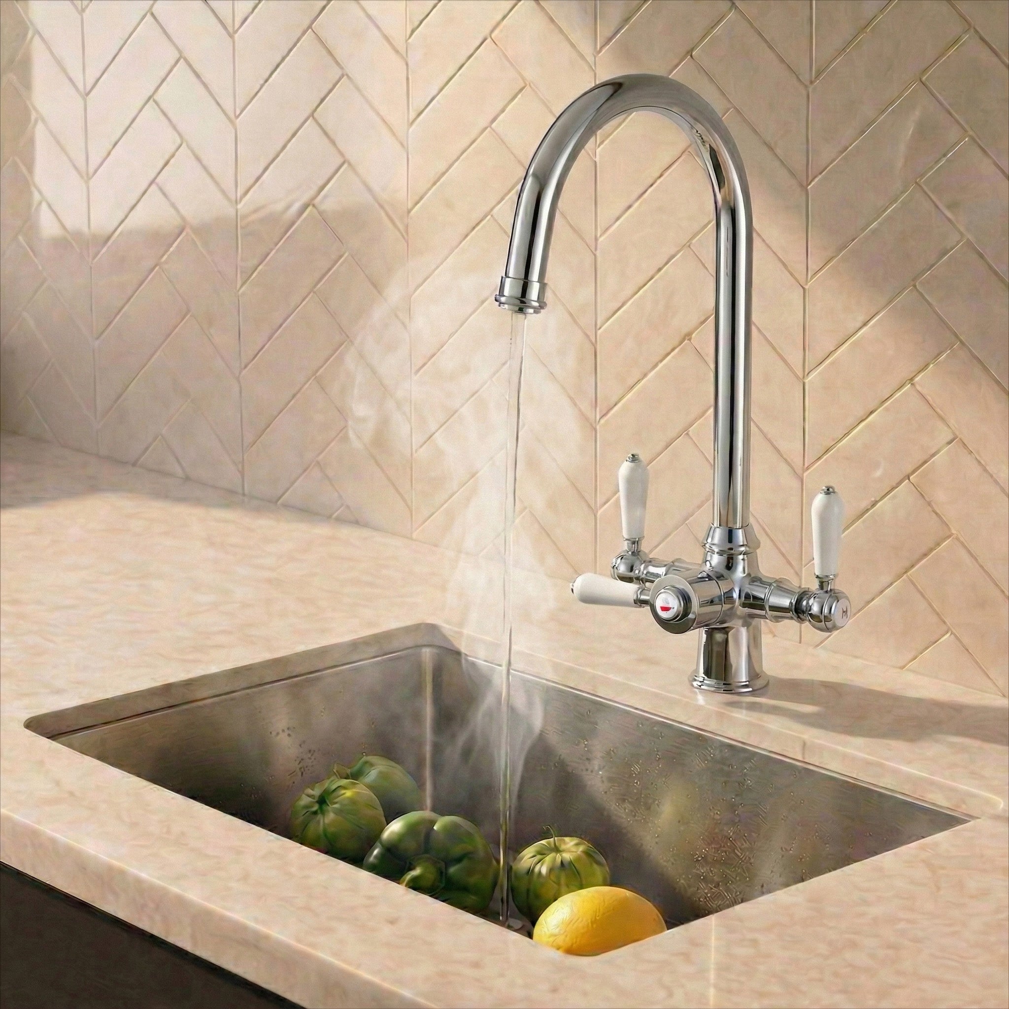 Verossi  | Vandisso | Traditional Cruciform Style 3 in 1 Instant Boiling Tap | White Ceramic Levers | Polished Chrome Finish