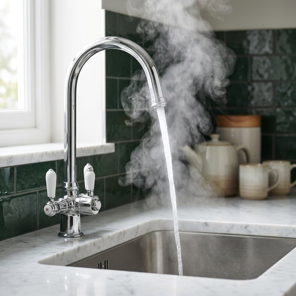 Verossi  | Vandisso | Traditional Cruciform Style 3 in 1 Instant Boiling Tap | White Ceramic Levers | Polished Chrome Finish