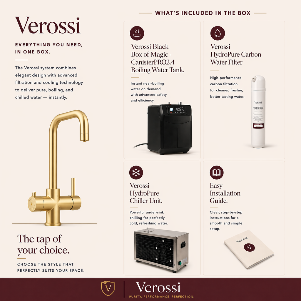 Verossi | Vanquish | 4 in 1 Instant Boiling Water & Chilled Water Pack | Brushed Gold