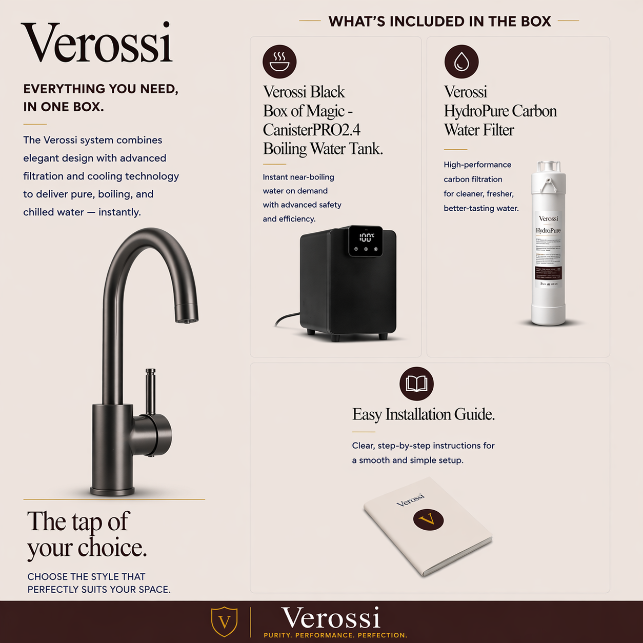 Verossi  | Velante | Single Lever 3 in 1 Instant Boiling Tap | Gun Metal Finish