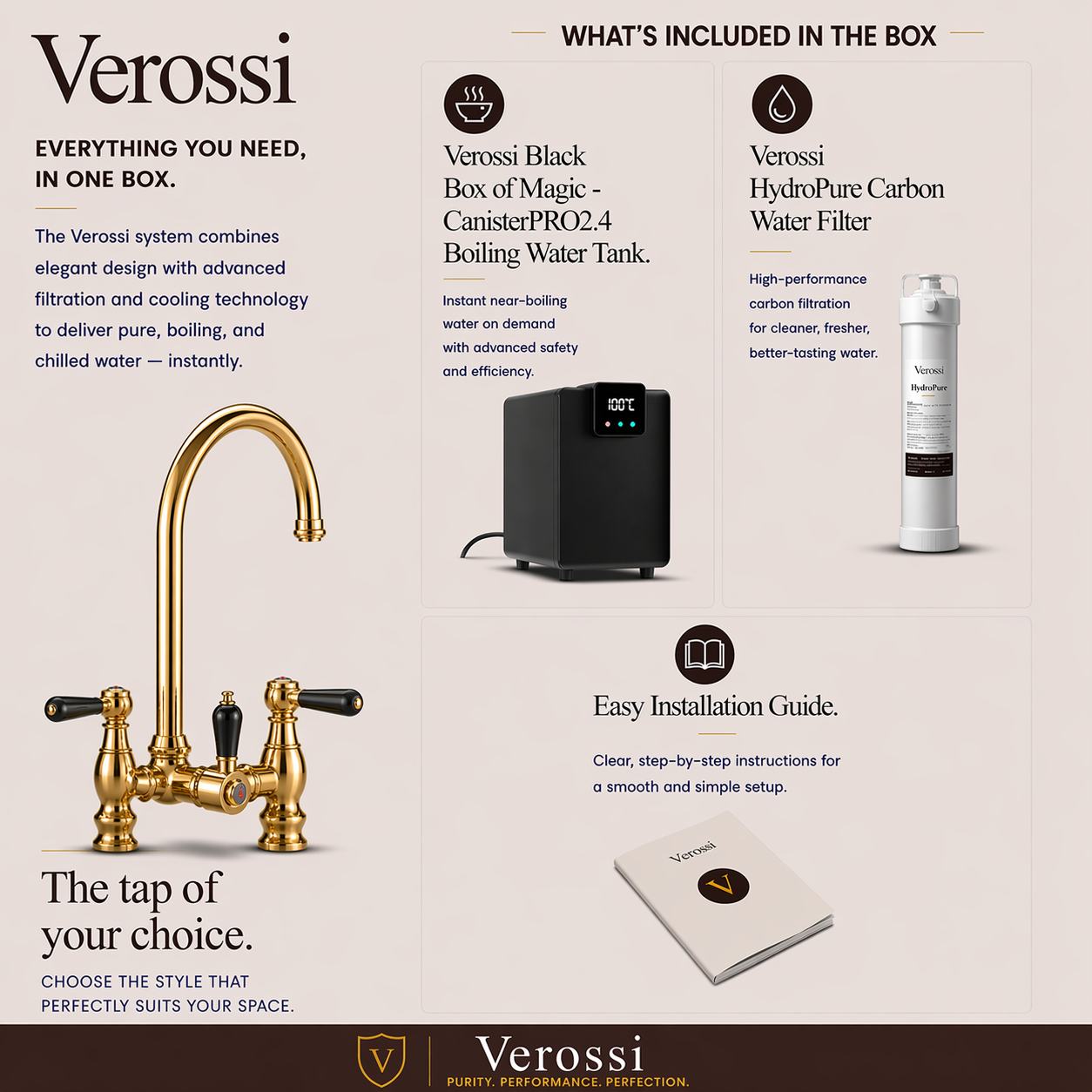 Verossi  | Venetian | Traditional Bridge Style 3 in 1 Instant Boiling Tap | Black Ceramic Levers | Brushed Brass Finish