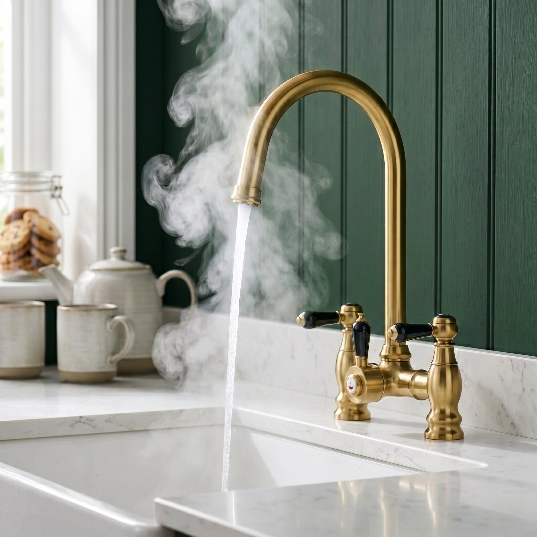 Verossi  | Venetian | Traditional Bridge Style 3 in 1 Instant Boiling Tap | Black Ceramic Levers | Brushed Brass Finish