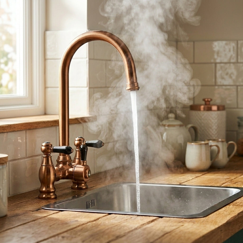 Verossi  | Venetian | Traditional Bridge Style 3 in 1 Instant Boiling Tap | Black Ceramic Levers | Brushed Copper Finish