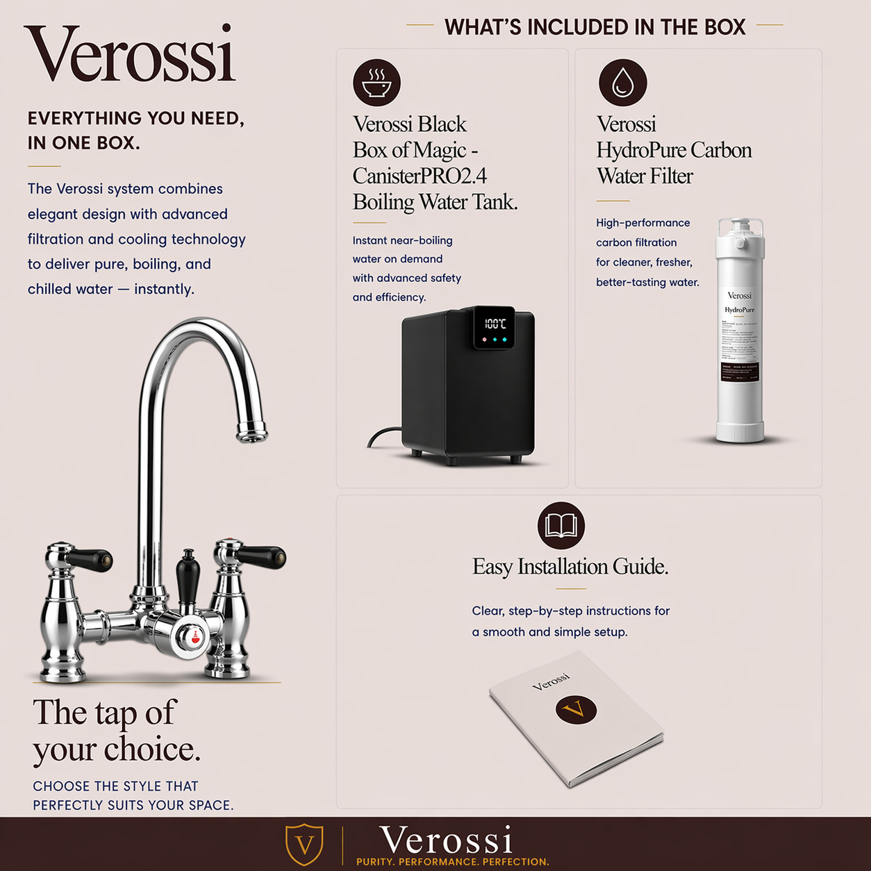 Verossi  | Venetian | Traditional Bridge Style 3 in 1 Instant Boiling Tap | Black Ceramic Levers | Polished Chrome Finish