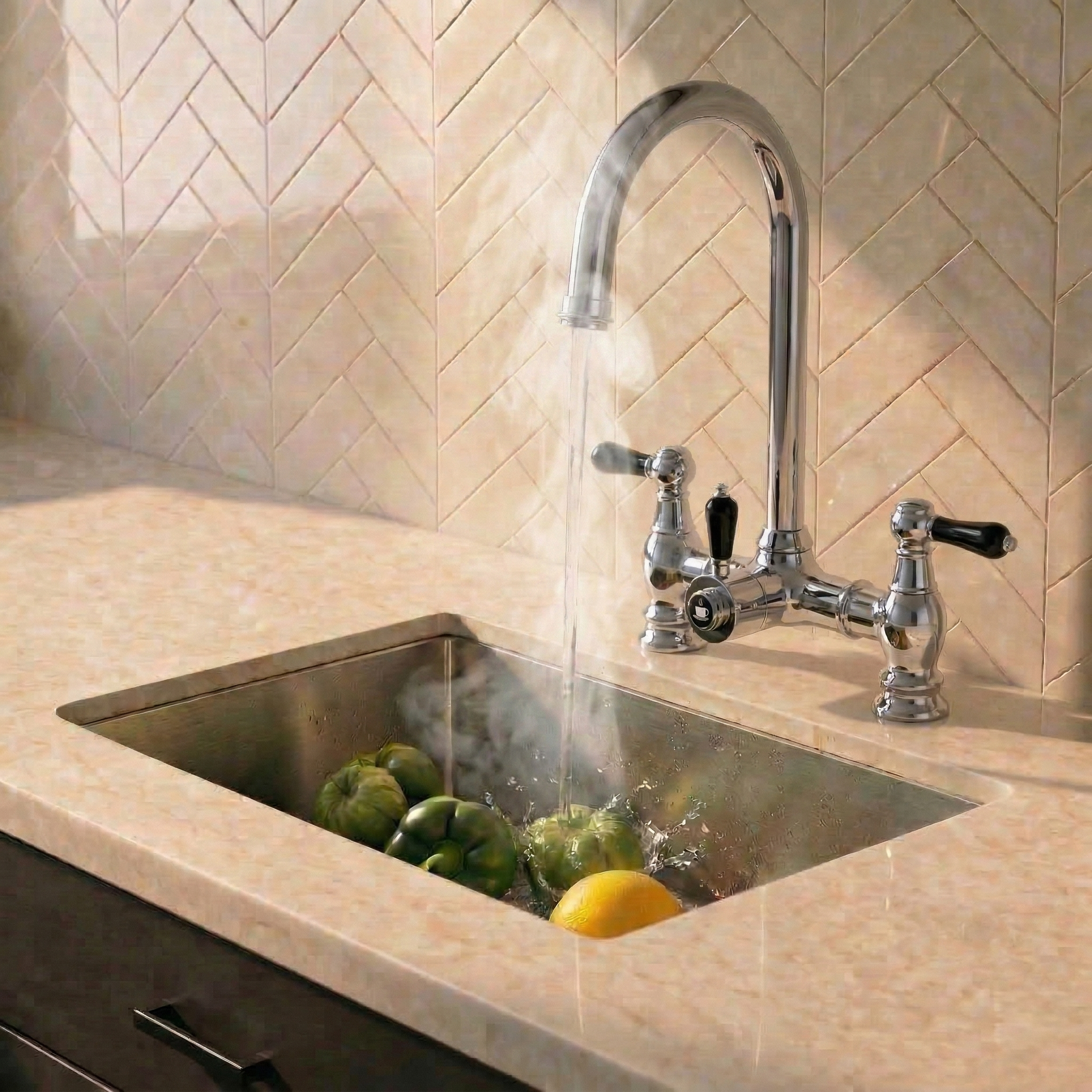 Verossi  | Venetian | Traditional Bridge Style 3 in 1 Instant Boiling Tap | Black Ceramic Levers | Polished Chrome Finish