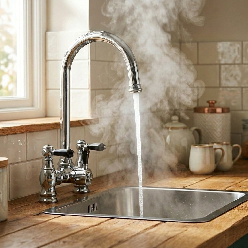 Verossi  | Venetian | Traditional Bridge Style 3 in 1 Instant Boiling Tap | Black Ceramic Levers | Polished Chrome Finish