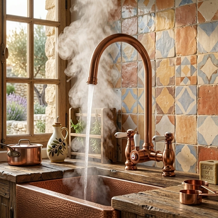 Verossi  | Venetian | Traditional Bridge Style 3 in 1 Instant Boiling Tap | White Ceramic Levers | Brushed Copper Finish