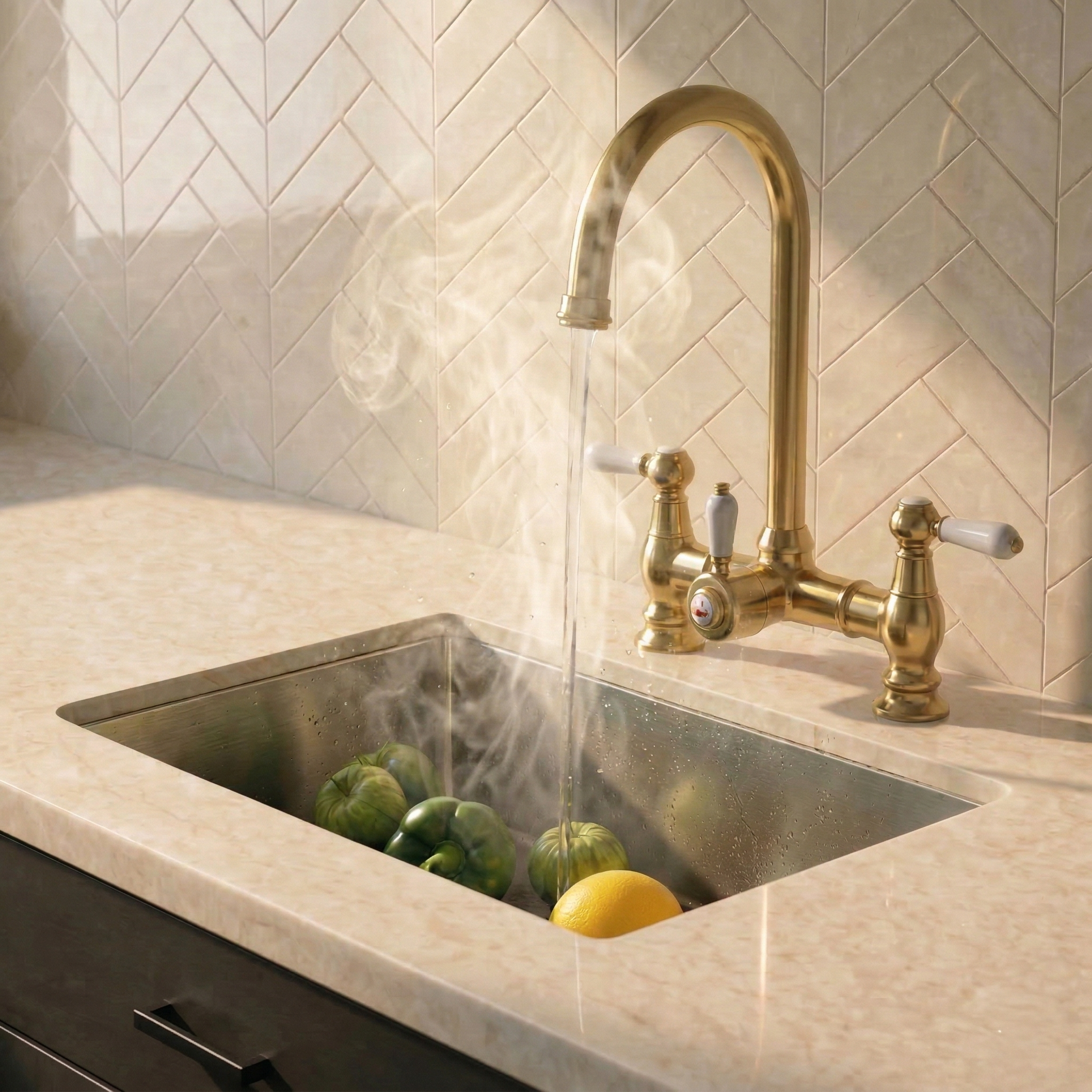 Verossi  | Venetian | Traditional Bridge Style 3 in 1 Instant Boiling Tap | White Ceramic Levers | Brushed Gold Finish