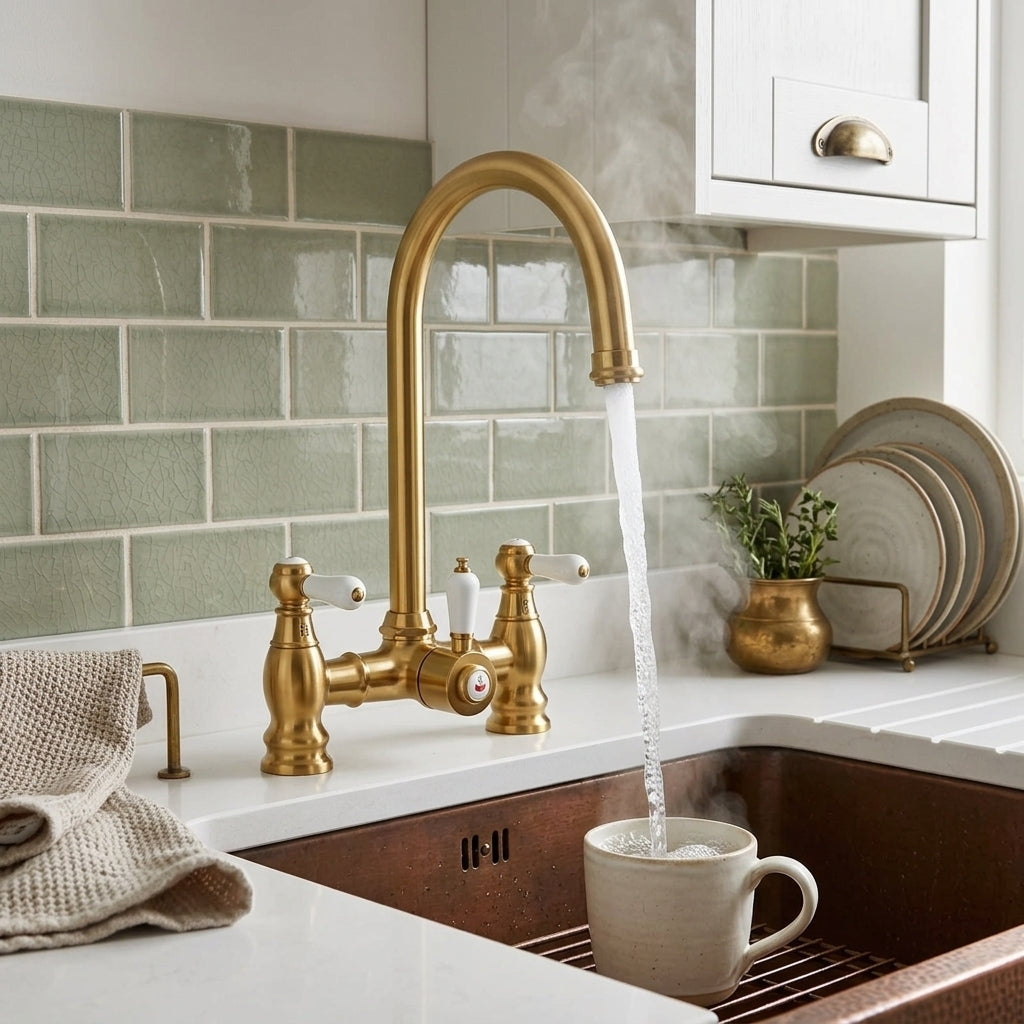 Verossi  | Venetian | Traditional Bridge Style 3 in 1 Instant Boiling Tap | White Ceramic Levers | Brushed Gold Finish