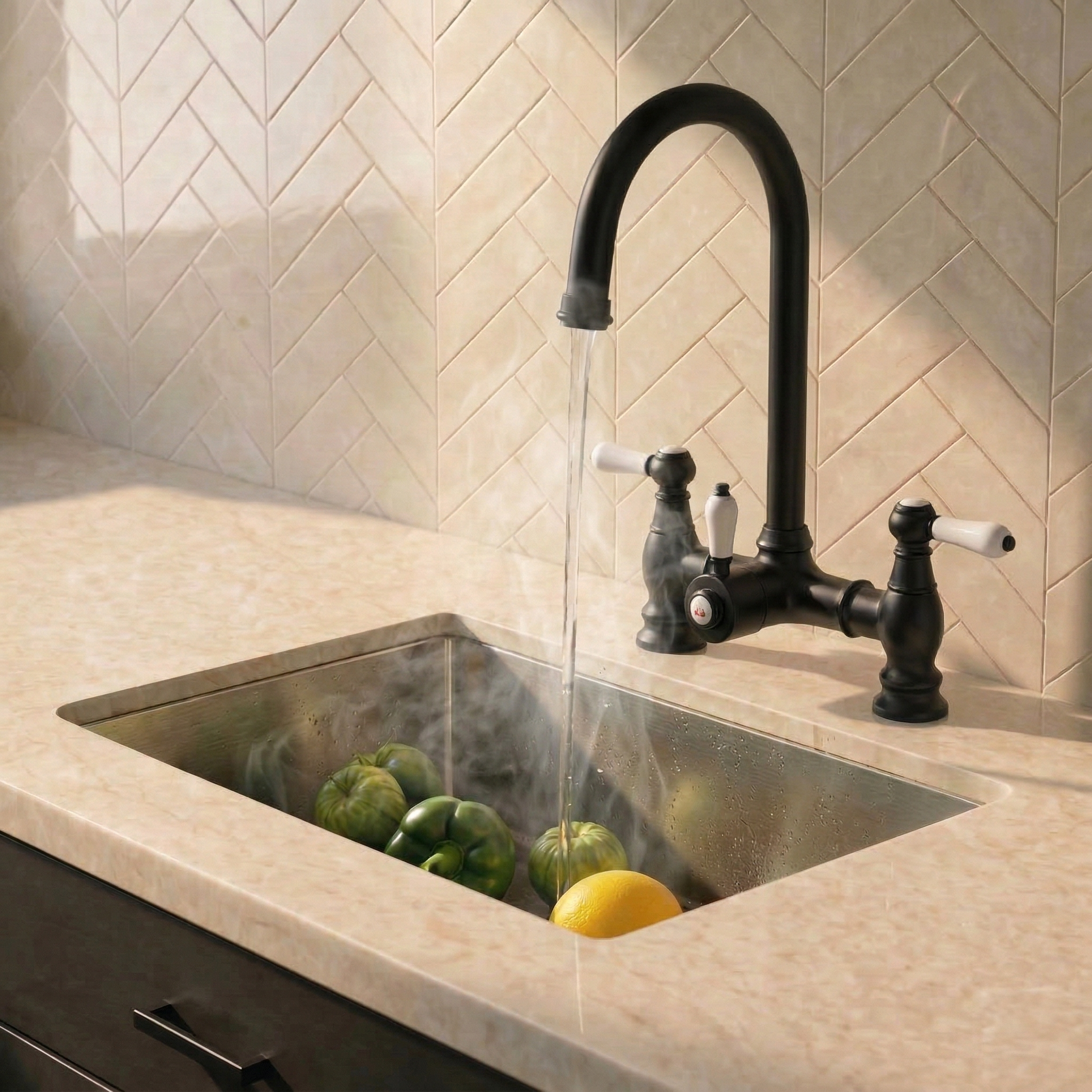 Verossi  | Venetian | Traditional Bridge Style 3 in 1 Instant Boiling Tap | White Ceramic Levers | Matt Black Finish