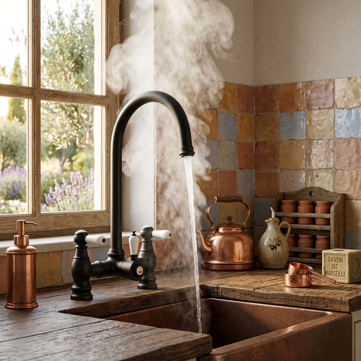 Verossi  | Venetian | Traditional Bridge Style 3 in 1 Instant Boiling Tap | White Ceramic Levers | Matt Black Finish