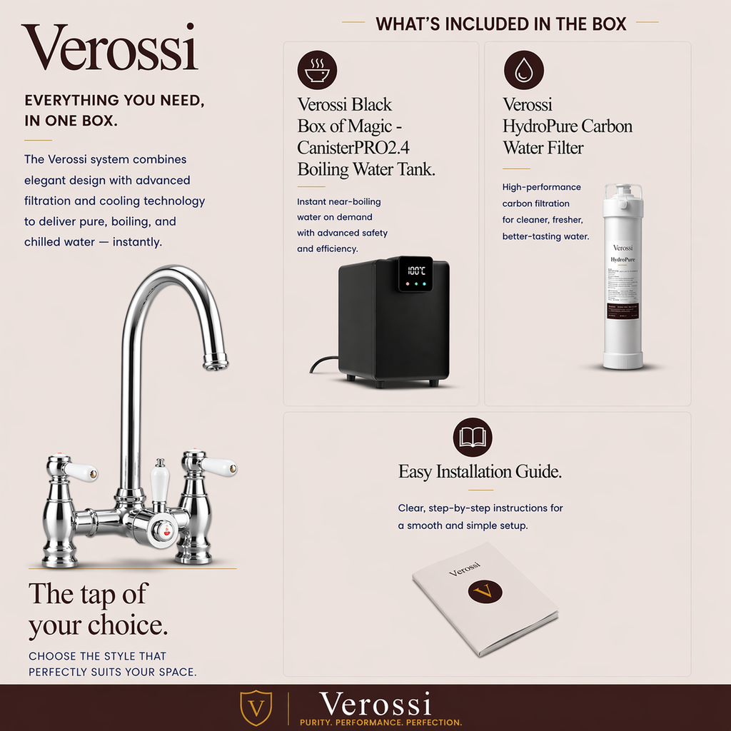 Verossi  | Venetian | Traditional Bridge Style 3 in 1 Instant Boiling Tap | White Ceramic Levers | Polished Chrome Finish
