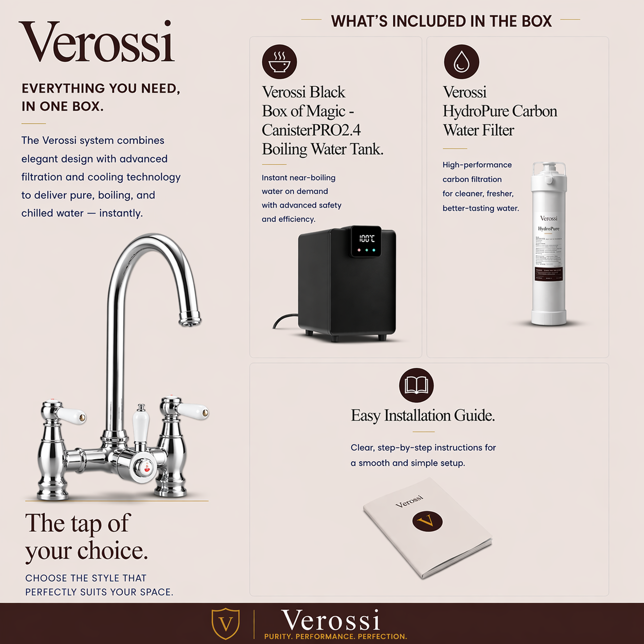 Verossi  | Venetian | Traditional Bridge Style 3 in 1 Instant Boiling Tap | White Ceramic Levers | Polished Chrome Finish