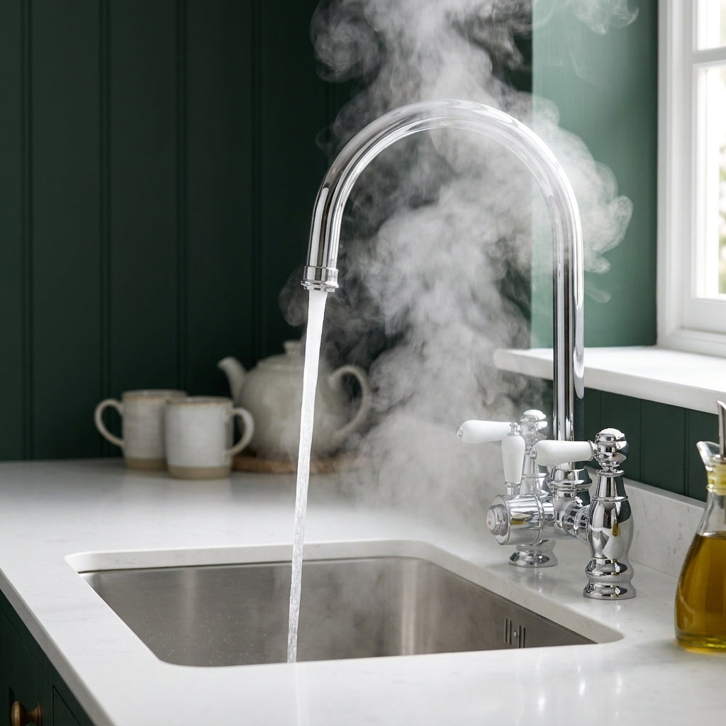 Verossi  | Venetian | Traditional Bridge Style 3 in 1 Instant Boiling Tap | White Ceramic Levers | Polished Chrome Finish