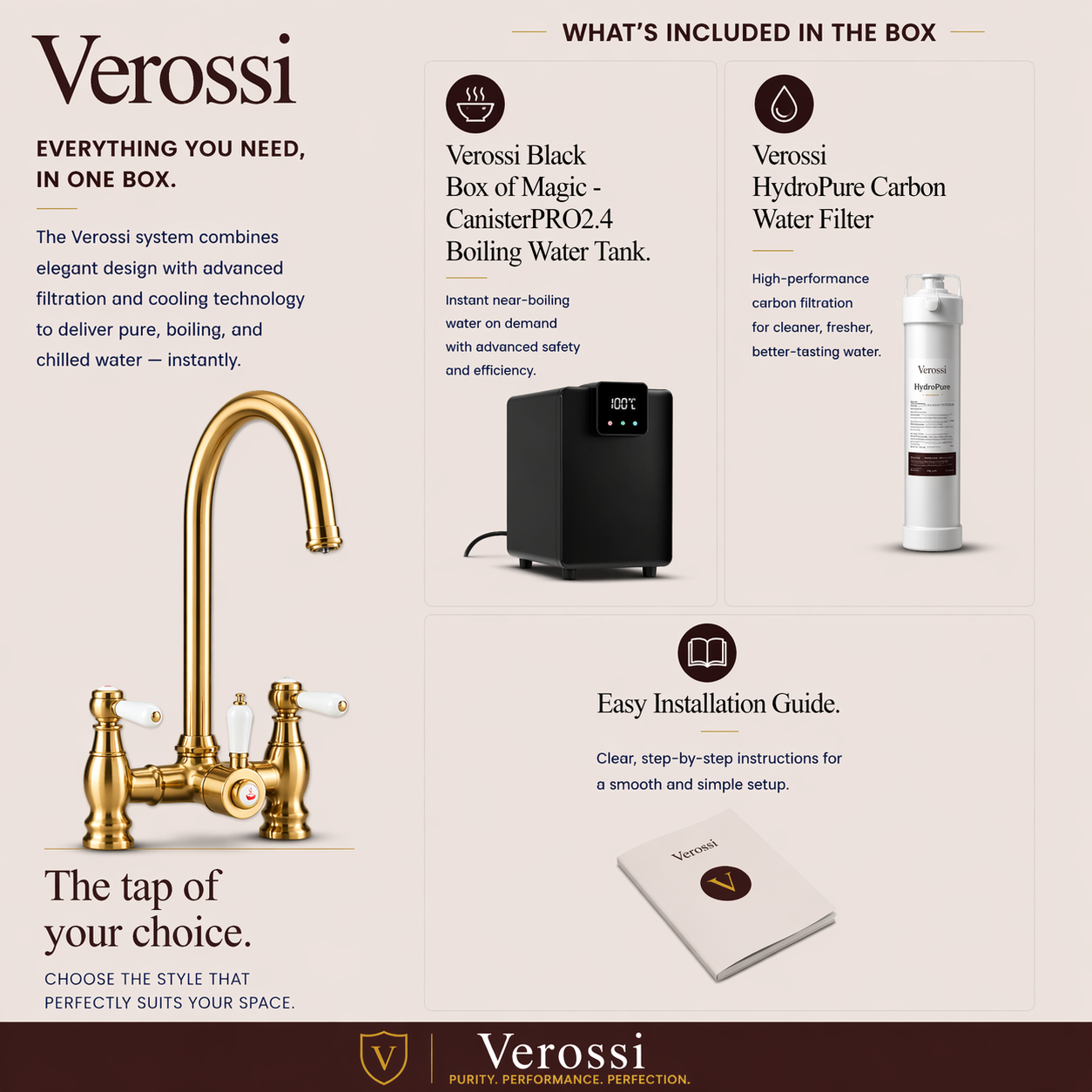 Verossi  | Venetian | Traditional Bridge Style 3 in 1 Instant Boiling Water Tap | White Ceramic Levers | Brushed Brass Finish