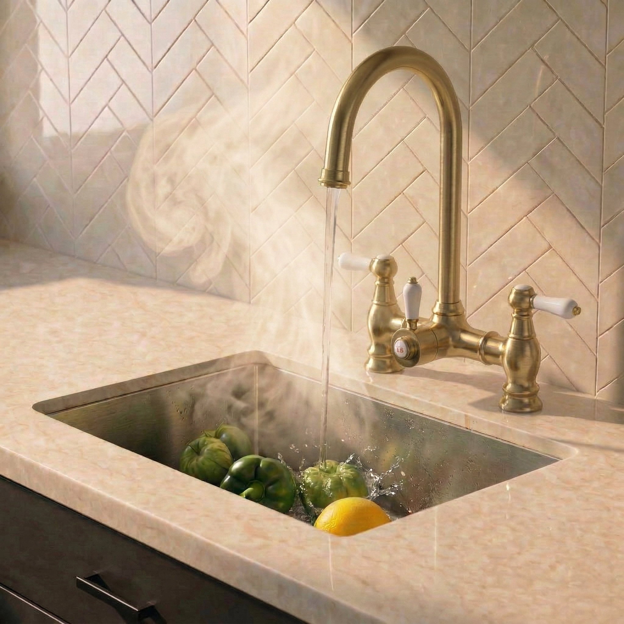 Verossi  | Venetian | Traditional Bridge Style 3 in 1 Instant Boiling Water Tap | White Ceramic Levers | Brushed Brass Finish