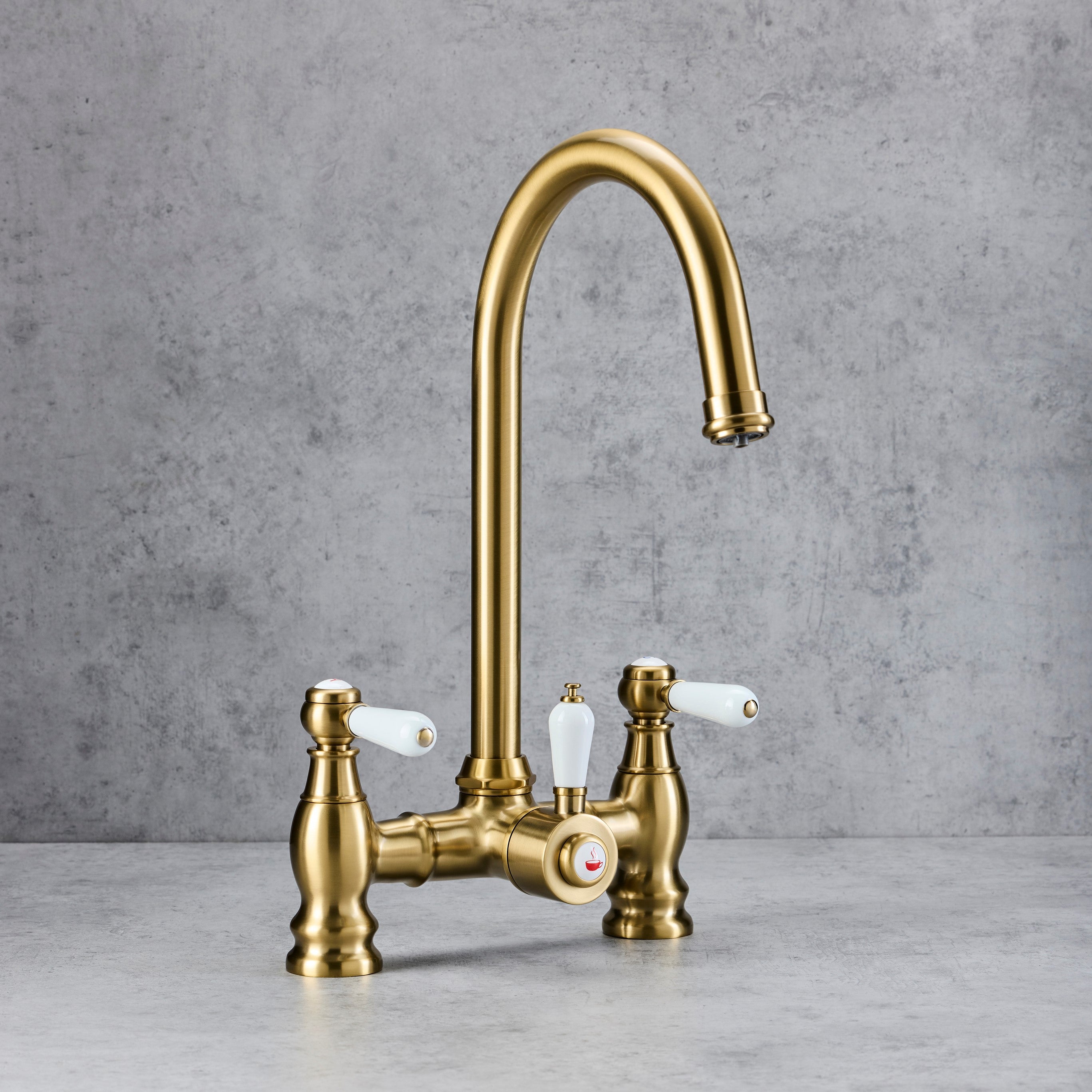 Verossi  | Venetian | Traditional Bridge Style 3 in 1 Instant Boiling Water Tap | White Ceramic Levers | Brushed Brass Finish