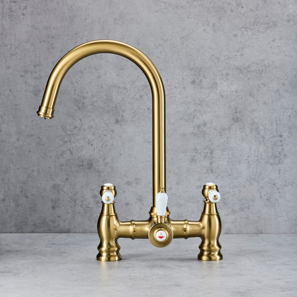 Verossi  | Venetian | Traditional Bridge Style 3 in 1 Instant Boiling Water Tap | White Ceramic Levers | Brushed Brass Finish