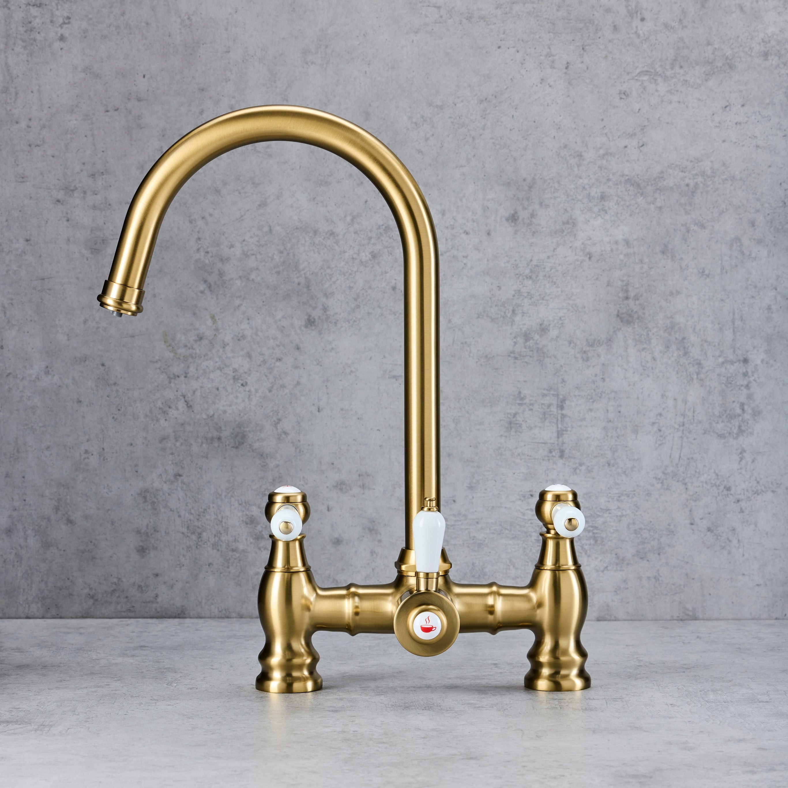 Verossi  | Venetian | Traditional Bridge Style 3 in 1 Instant Boiling Water Tap | White Ceramic Levers | Brushed Brass Finish