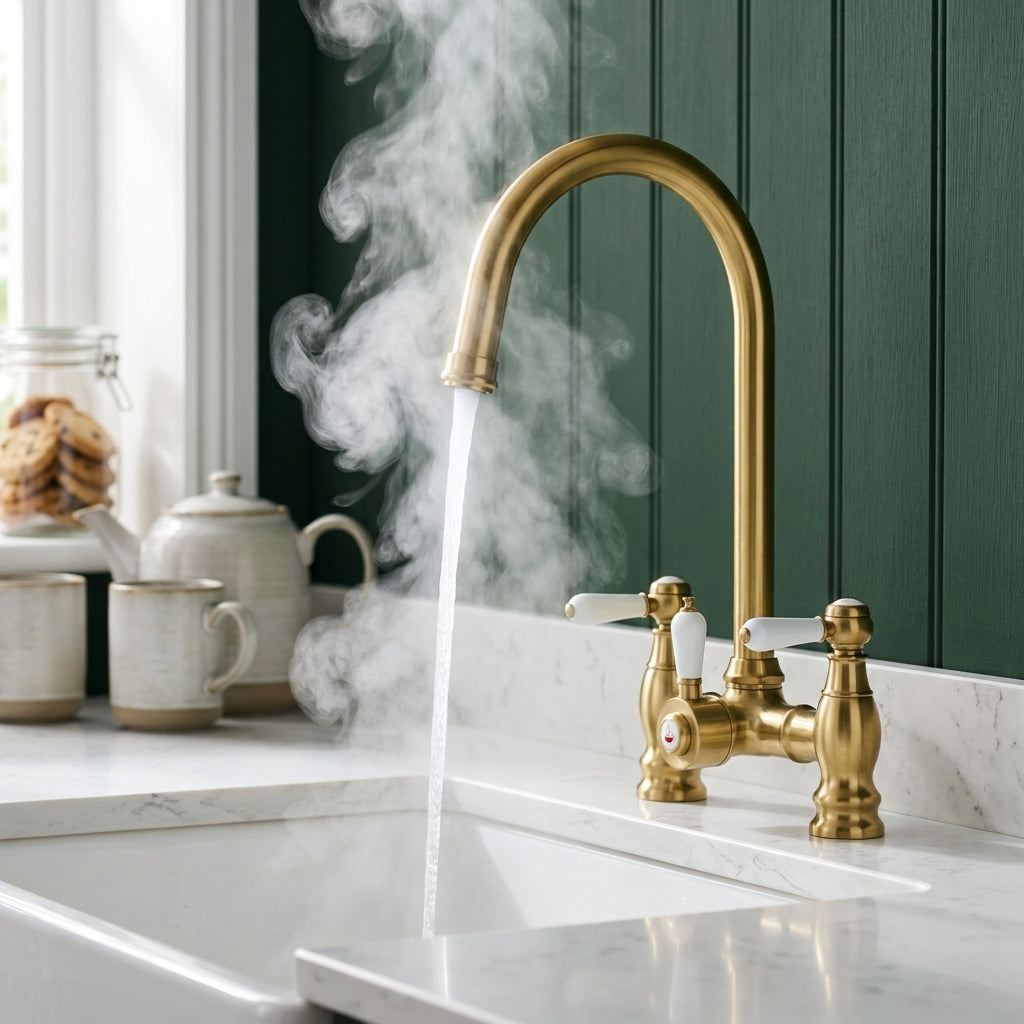 Verossi  | Venetian | Traditional Bridge Style 3 in 1 Instant Boiling Water Tap | White Ceramic Levers | Brushed Brass Finish
