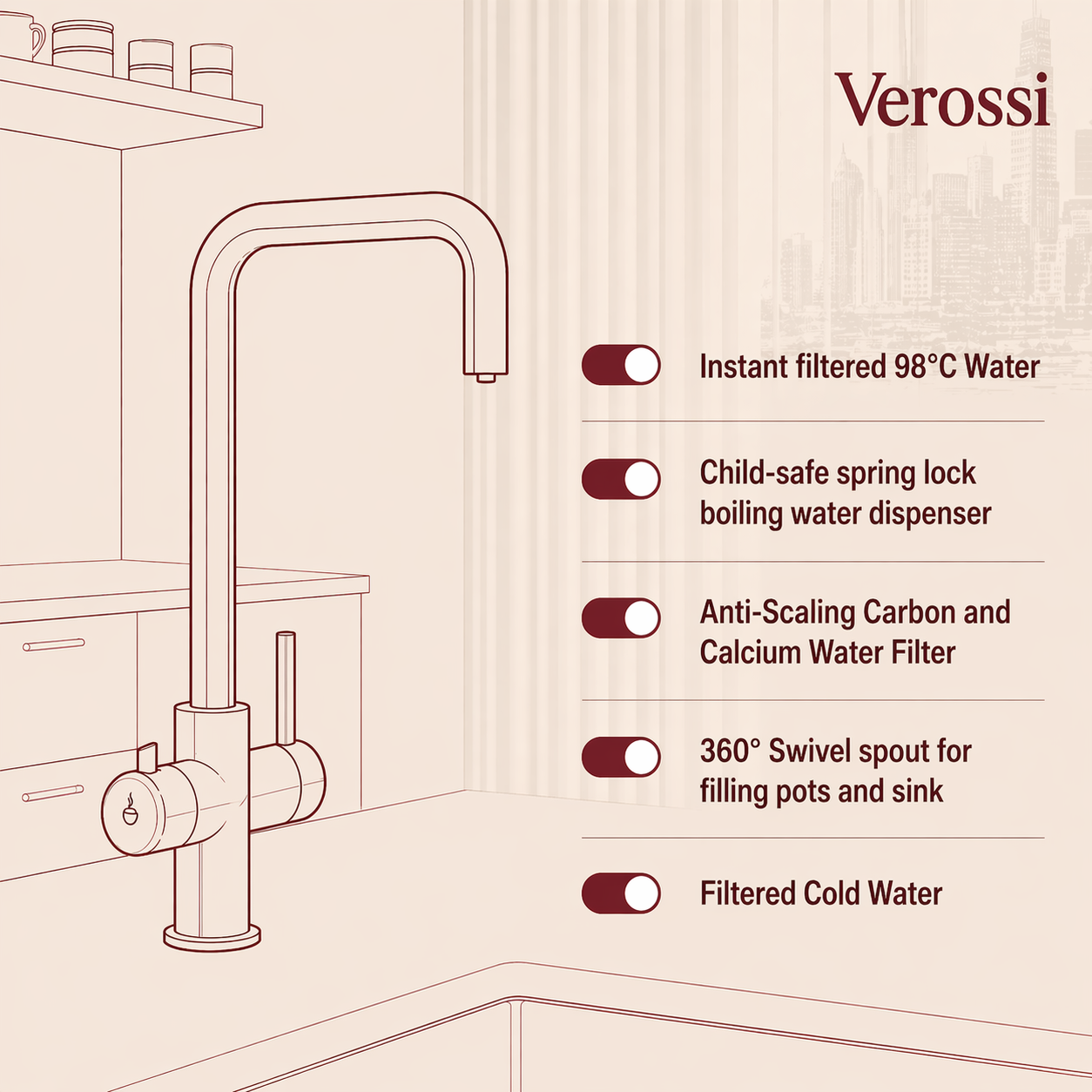 Verossi  | Verani | 4 in 1 Instant Boiling & Filtered Cold Water Tap | Gun Metal Finish
