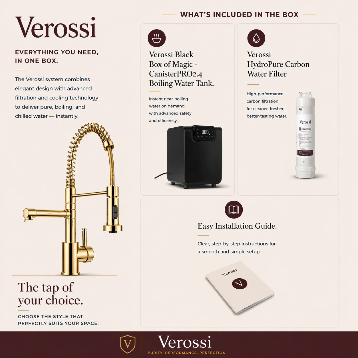 Verossi | Versan | Flexi 3 in 1 Instant Boiling Tap | Brushed Gold Finish