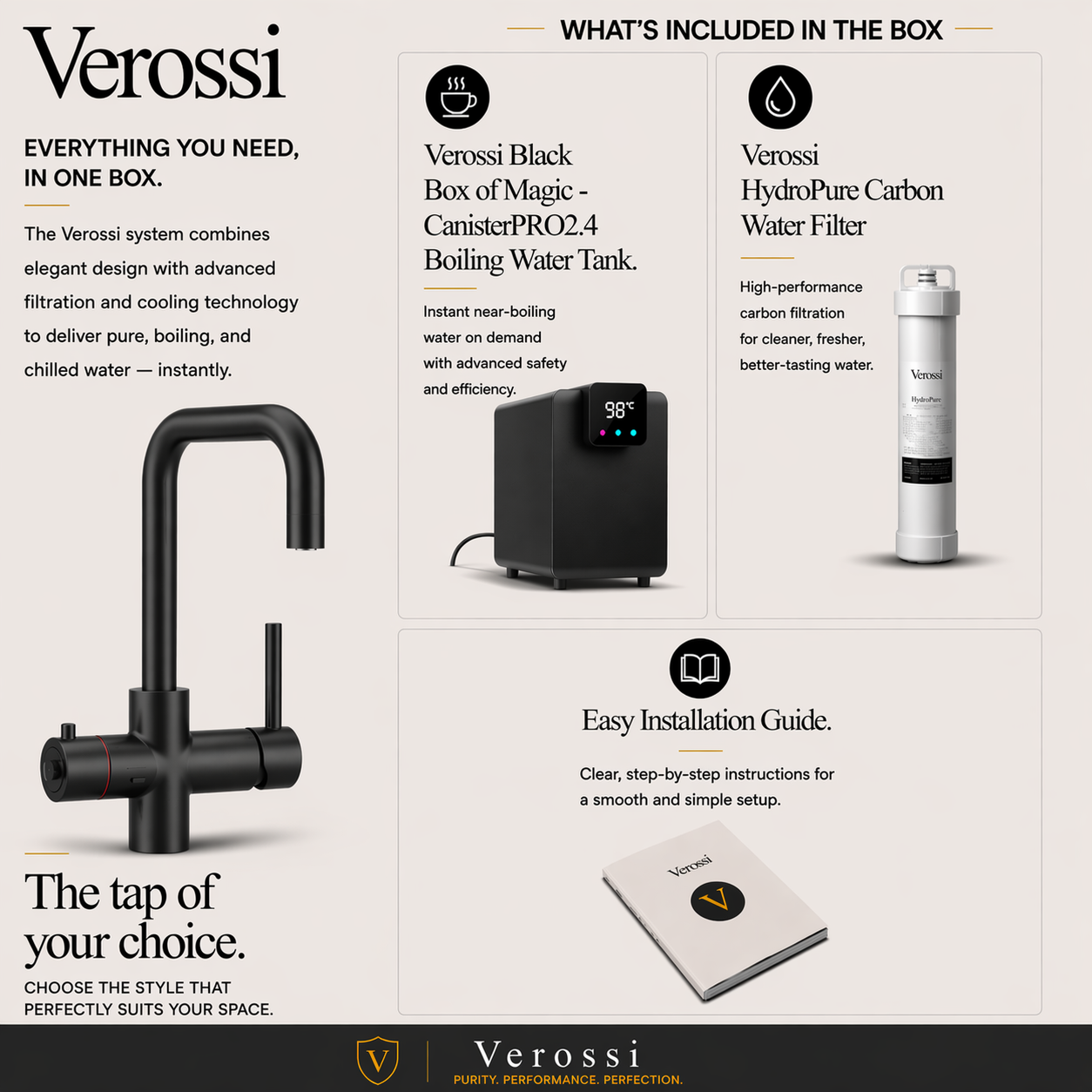 Verossi | Vigore | Contemporary 3 in 1 Instant Boiling Tap | Matt Black Finish