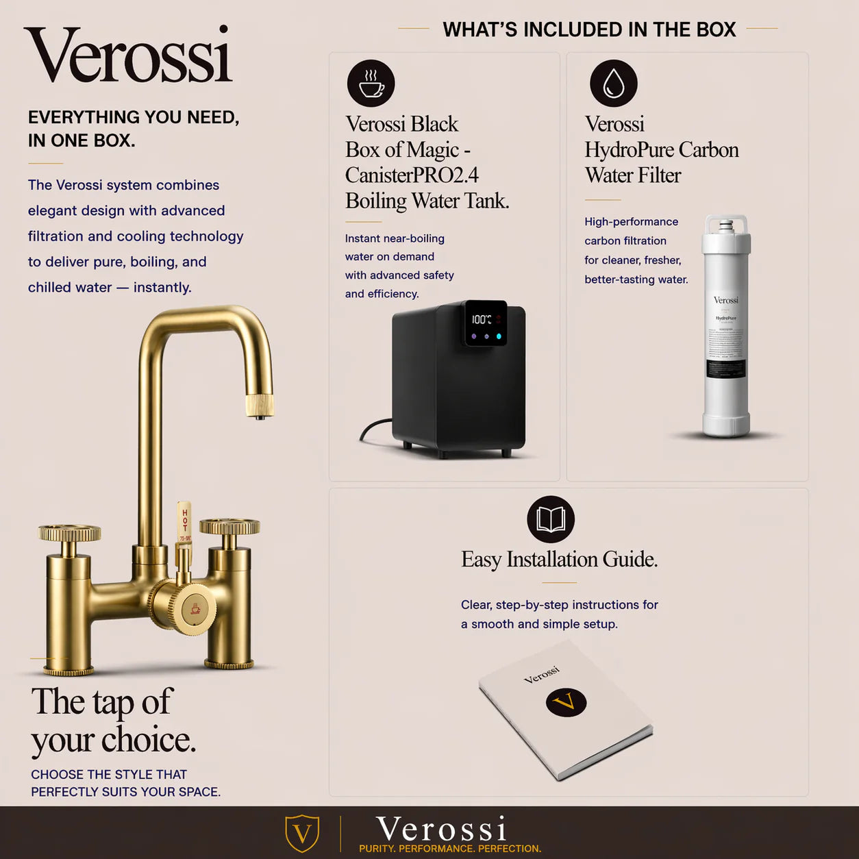 Verossi  | Vorisse | Industrial Bridge Style 3 in 1 Instant Boiling Tap | Brushed Gold Finish