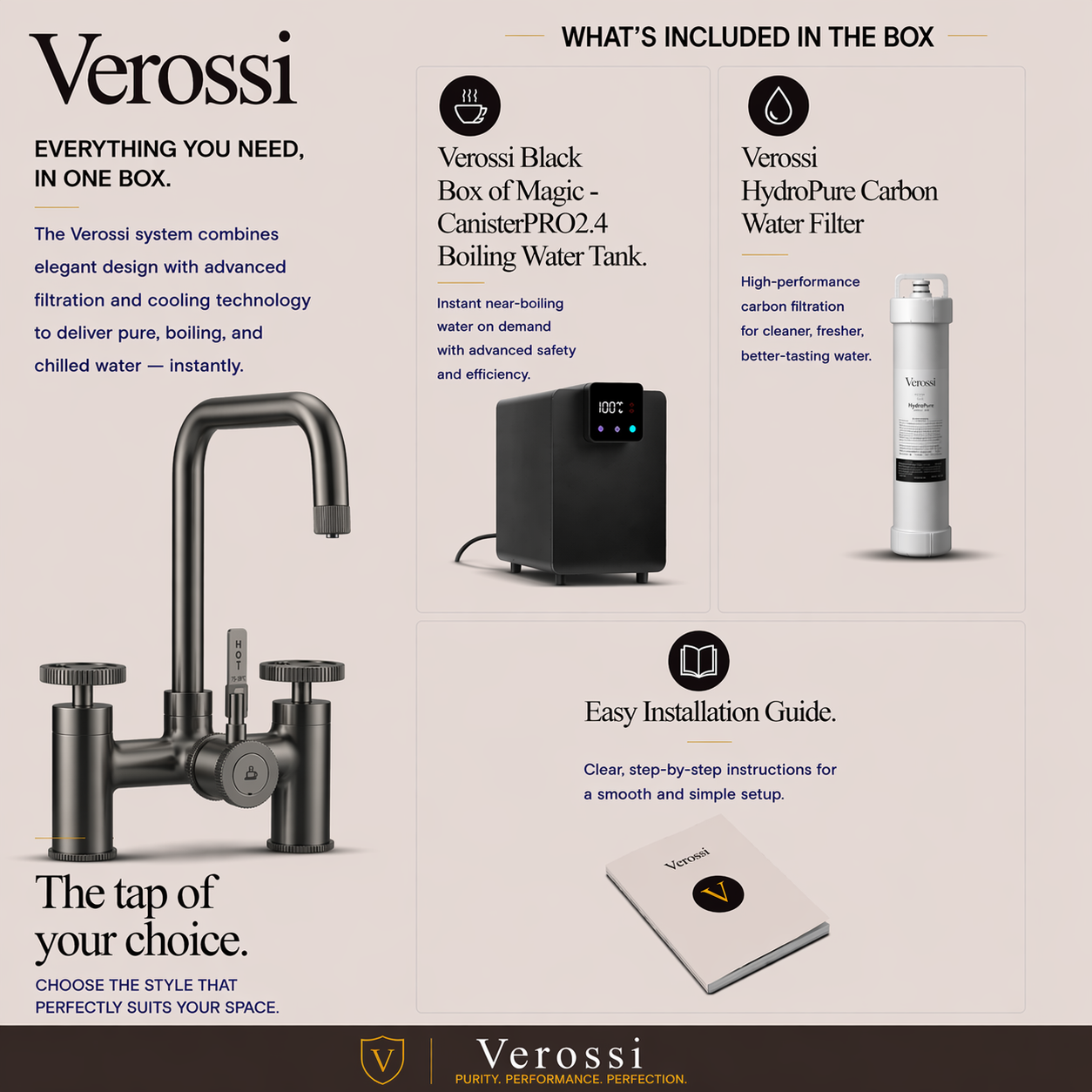 Verossi  | Vorisse | Industrial Bridge Style 3 in 1 Instant Boiling Tap | Gun Metal Finish