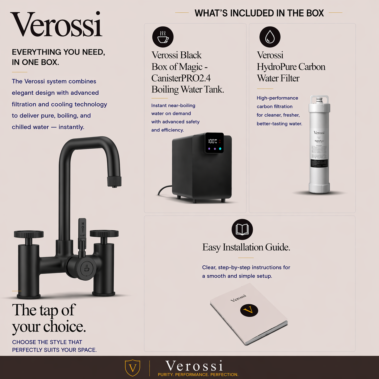 Verossi  | Vorisse | Industrial Bridge Style 3 in 1 Instant Boiling Tap | Matt Black Finish