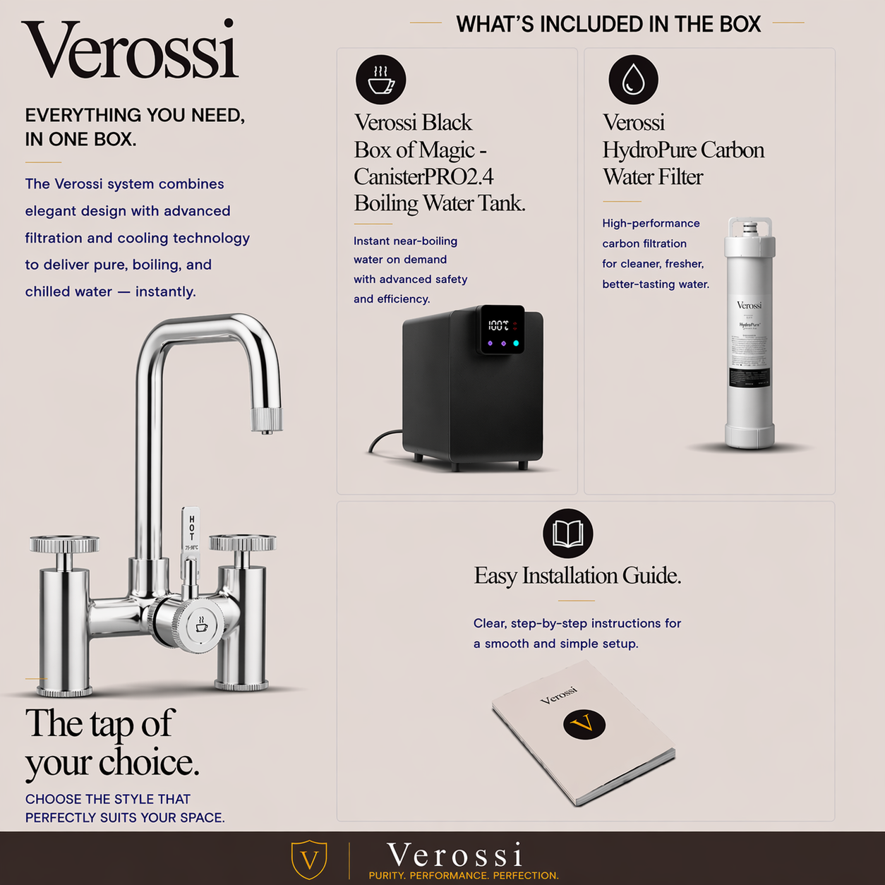 Verossi  | Vorisse | Industrial Bridge Style 3 in 1 Instant Boiling Tap | Polished Chrome Finish