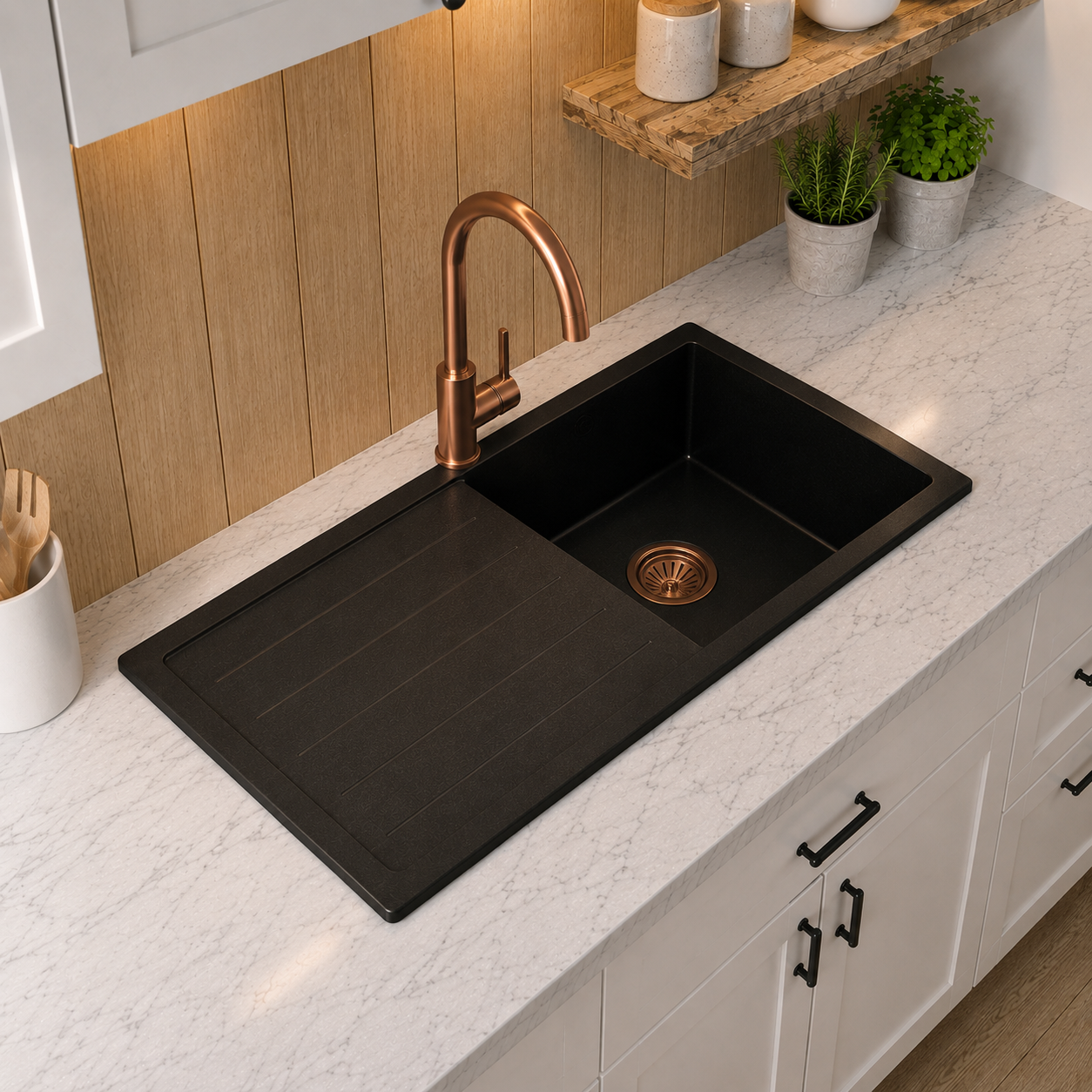 Verossi | 1.0 Bowl Comite Inset Kitchen Sink & Drainer | Left or Right Handed | Chrome Strainer Waste Supplied | 1000 x 500mm | Black