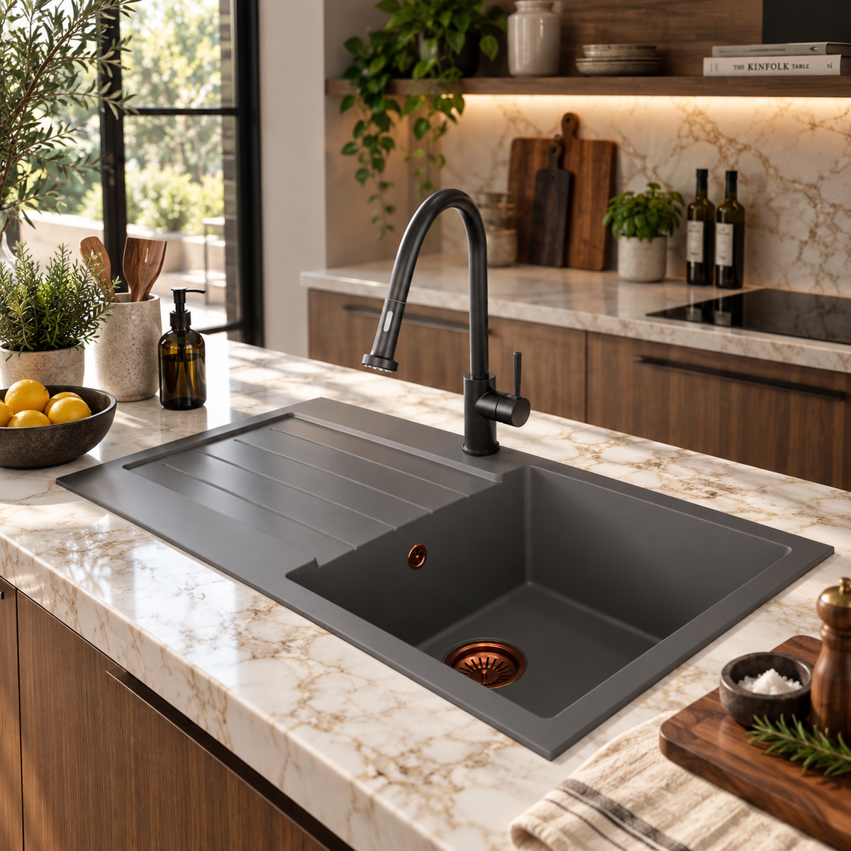 Verossi | 1.0 Bowl Comite Kitchen Sink & Drainer | Left or Right Handed | Chrome Strainer Waste Supplied | 1000 x 500mm | Grey
