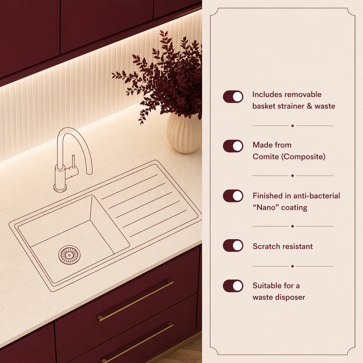 Verossi | 1.0 Bowl Comite Kitchen Sink & Drainer | Left or Right Handed | Chrome Strainer Waste Supplied | 1000 x 500mm | Matt White