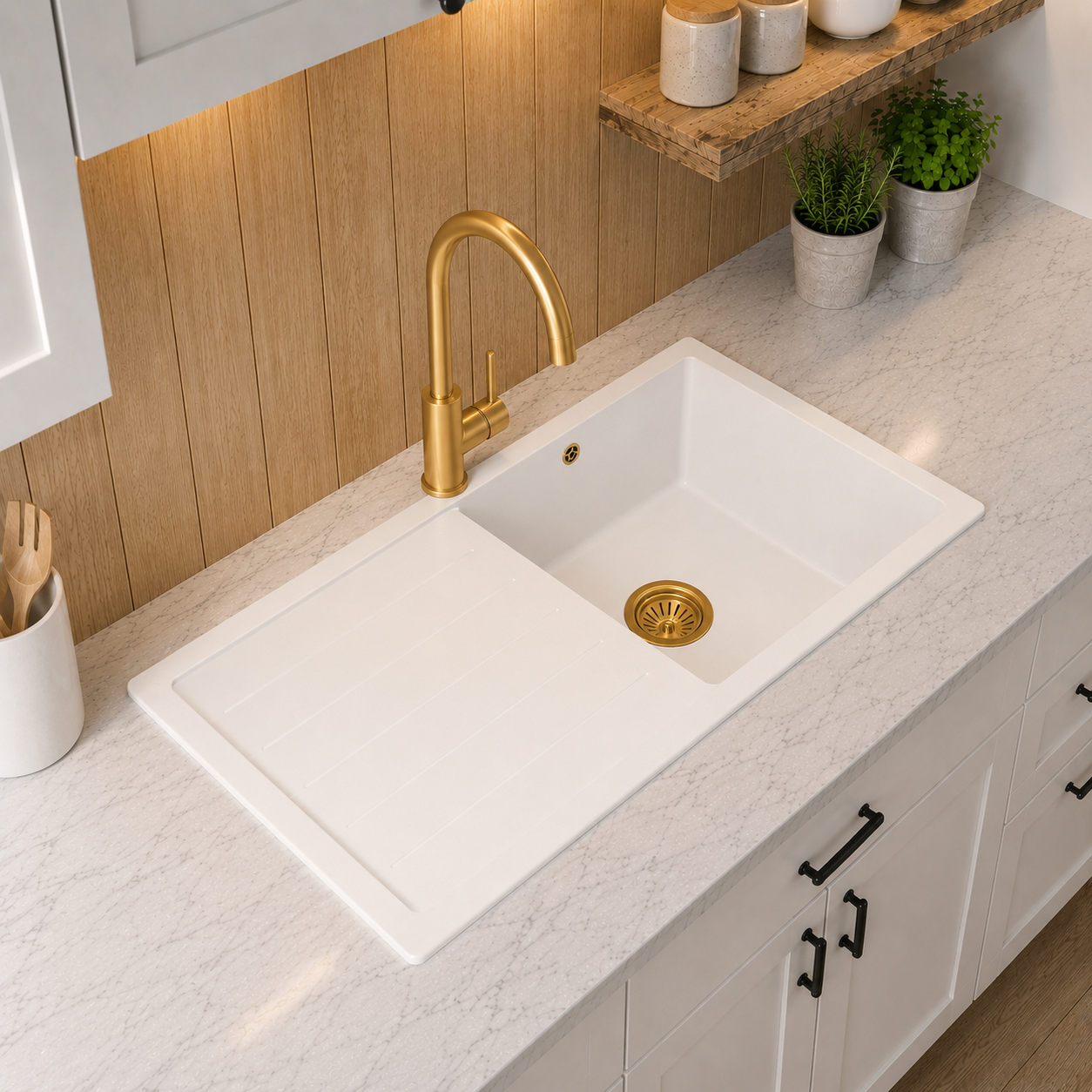 Verossi | 1.0 Bowl Comite Kitchen Sink & Drainer | Left or Right Handed | Chrome Strainer Waste Supplied | 1000 x 500mm | Matt White