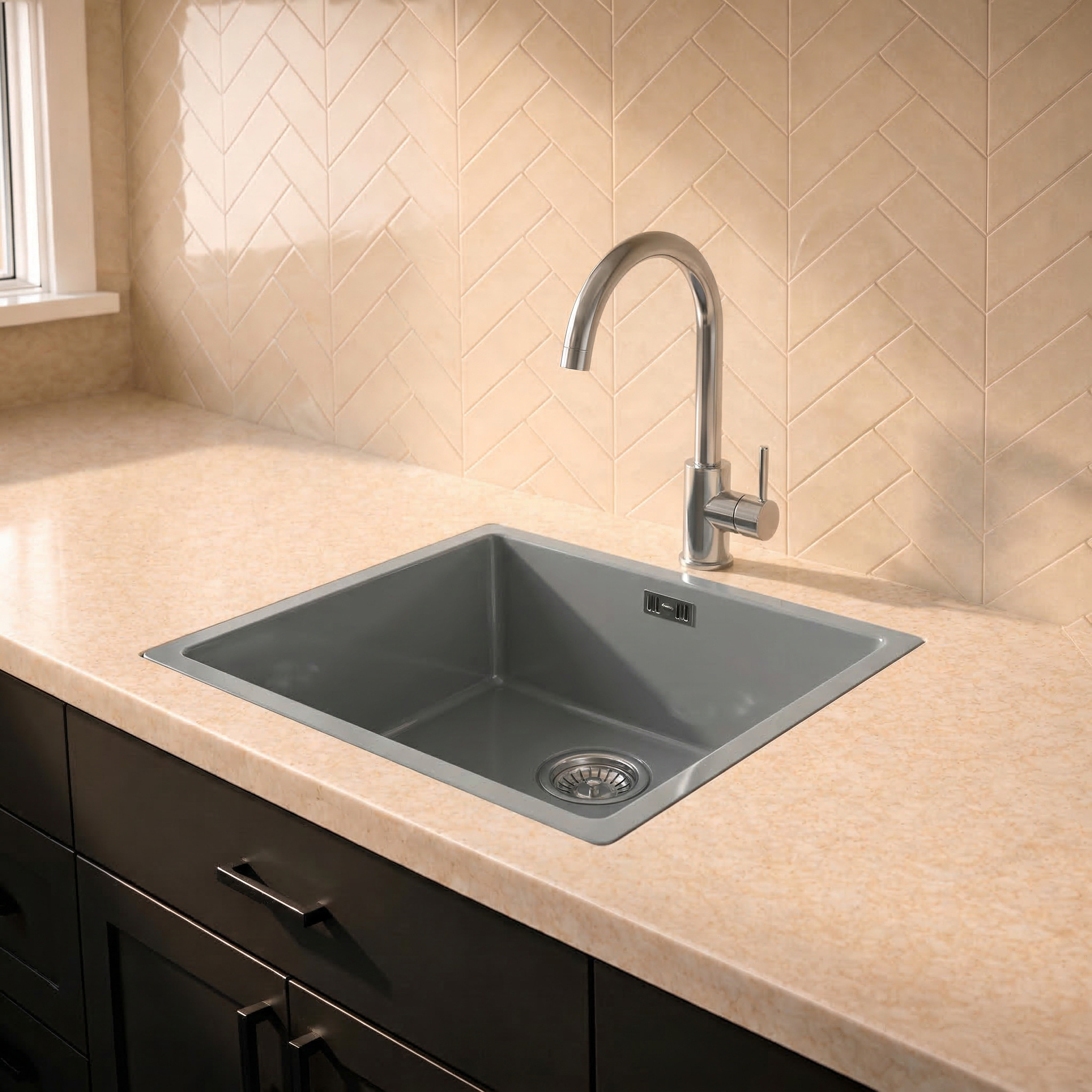 Verossi |  1.0 Bowl Comite Kitchen Sink | Inset or Undermounted | Chrome Strainer Waste Supplied | 440x440x211mm | Gloss Grey
