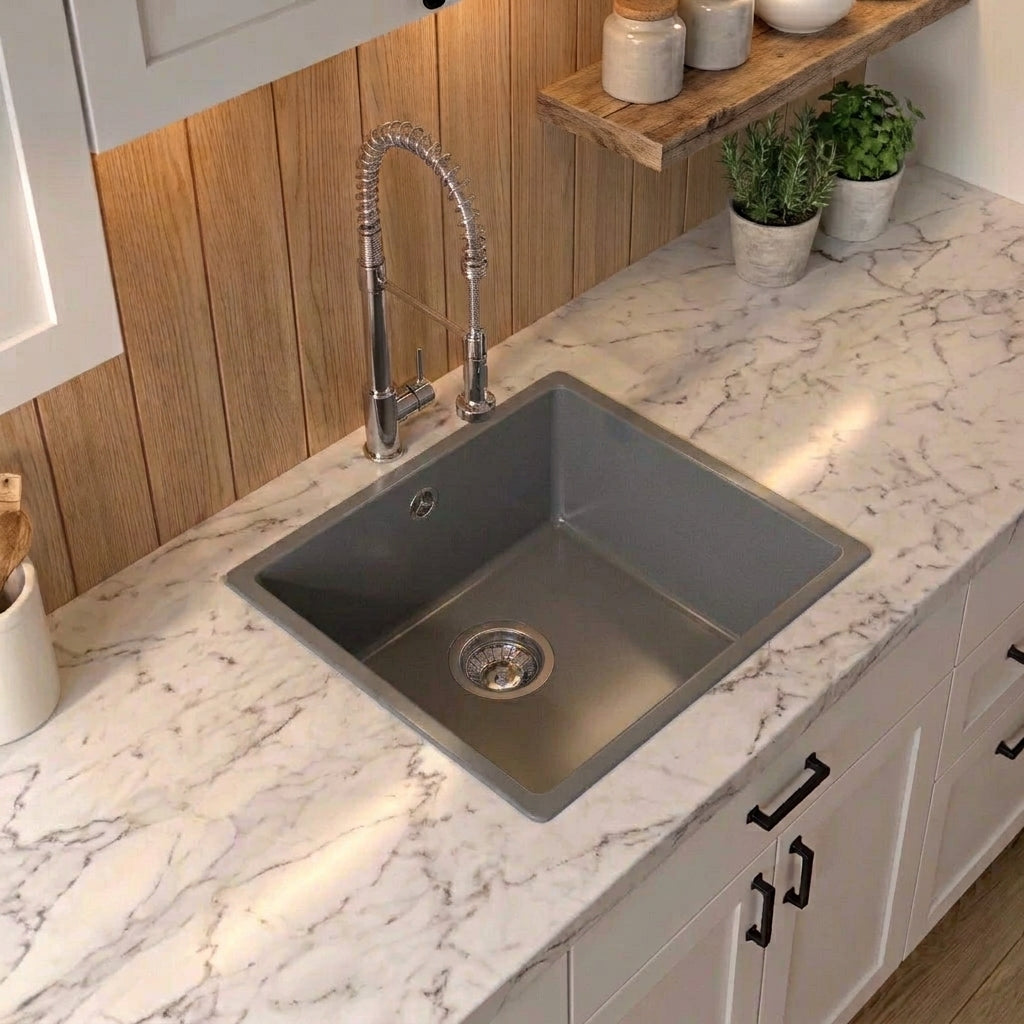 Verossi |  1.0 Bowl Comite Kitchen Sink | Inset or Undermounted | Chrome Strainer Waste Supplied | 440x440x211mm | Gloss Grey