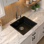Verossi | 1.0 Bowl Comite Kitchen Sink | Inset or Undermounted | Chrome Strainer Waste Supplied | 440x440x211mm | Matt Black