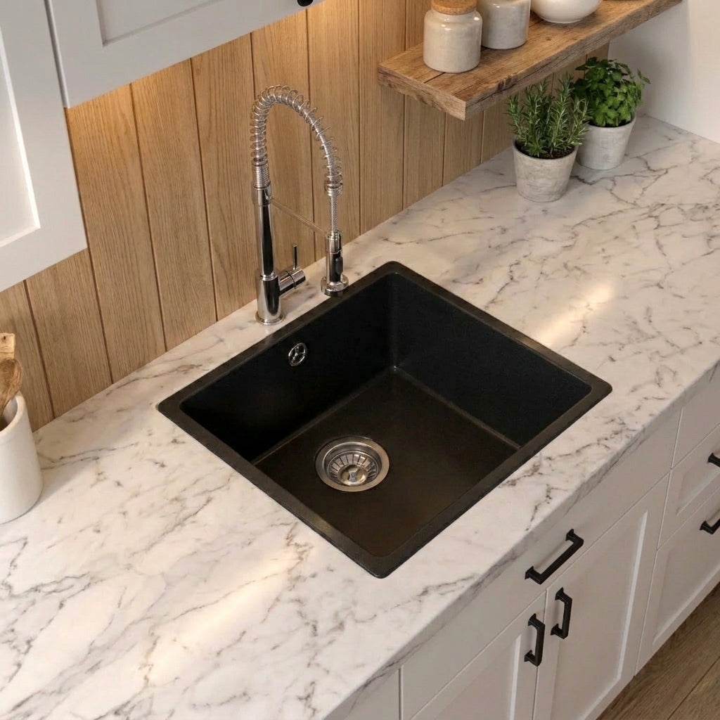 Verossi | 1.0 Bowl Comite Kitchen Sink | Inset or Undermounted | Chrome Strainer Waste Supplied | 440x440x211mm | Matt Black