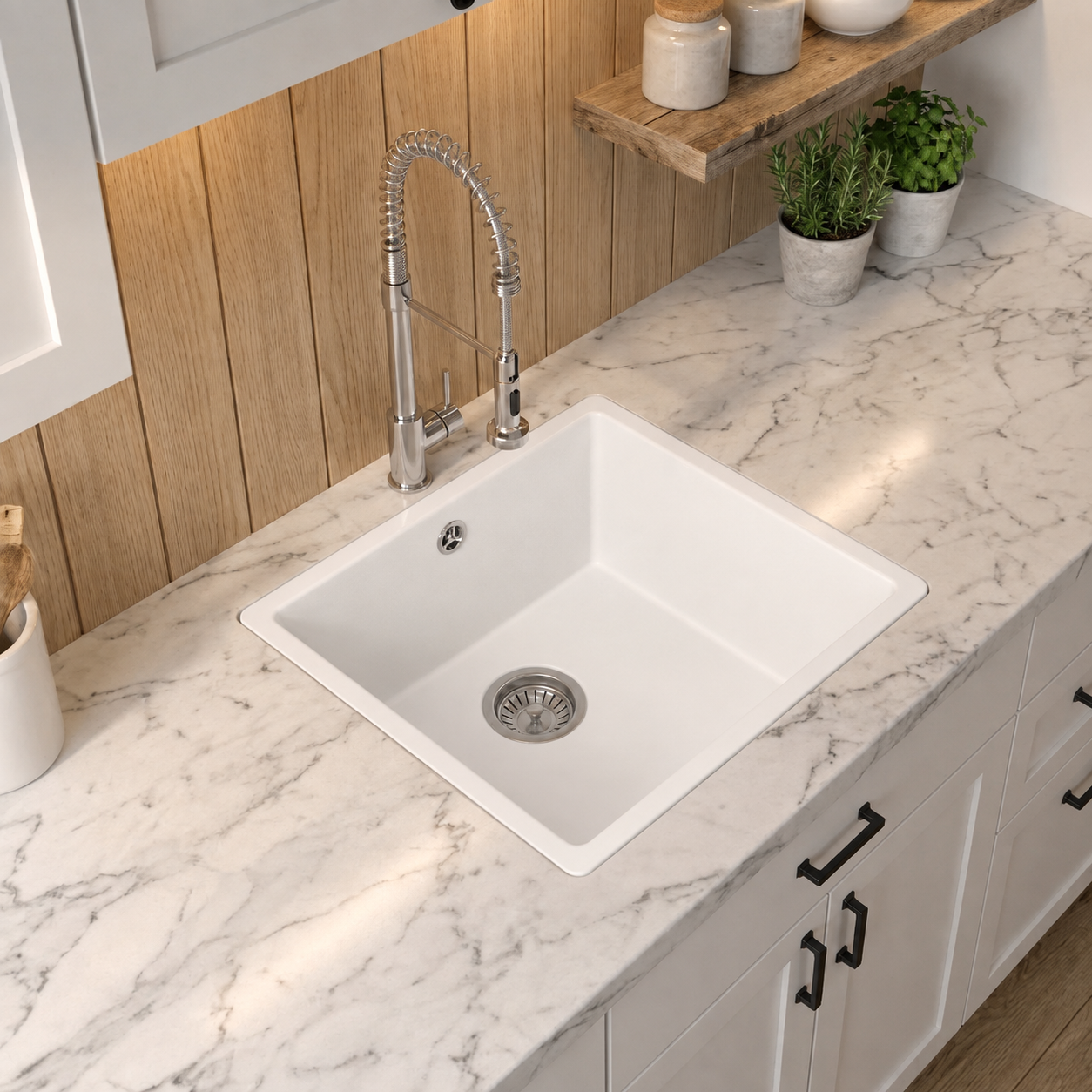 Verossi | 1.0 Bowl Comite Kitchen Sink | Inset or Undermounted | Chrome Strainer Waste Supplied | 440x440x211mm | Matt White