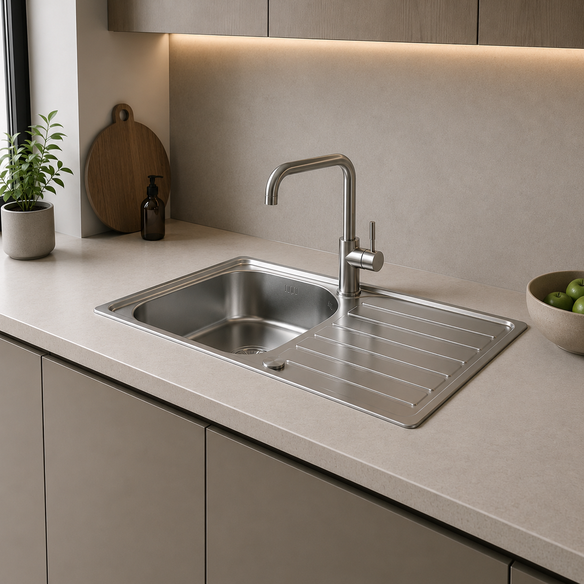 Verossi | 1.0 Bowl Inset Stainless Steel Kitchen Sink & Drainer | Chrome Strainer Waste Supplied | 965 x 500mm | Satin Matt
