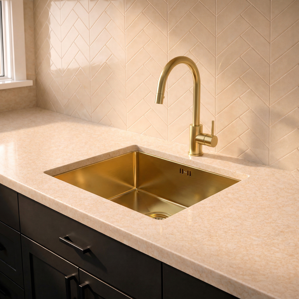 Verossi | 1.0 Bowl Kitchen Sink | Inset or Undermounted | Chrome Strainer Waste Supplied | 440x440x205 | Brushed Brass