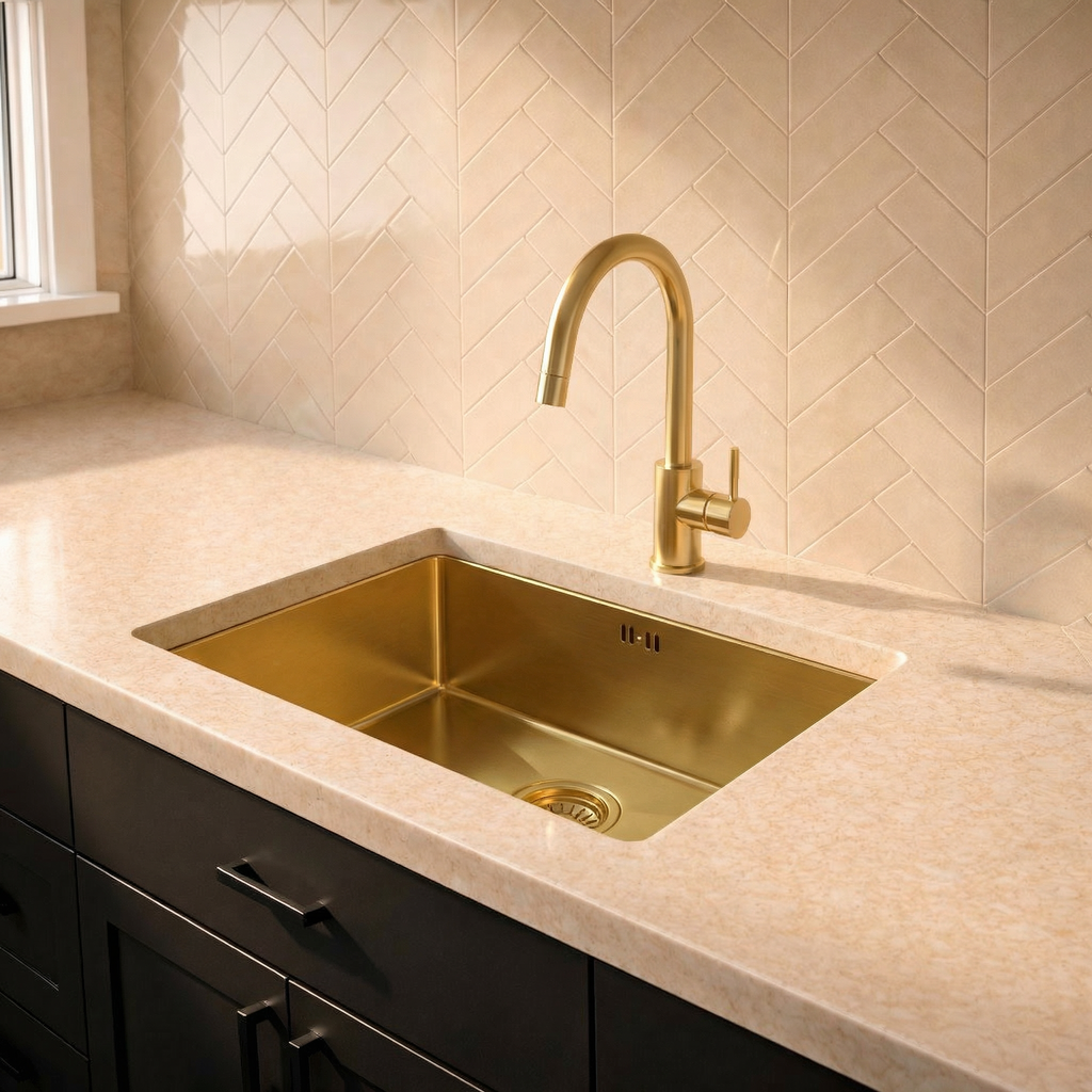Verossi | 1.0 Bowl Kitchen Sink | Inset or Undermounted | Chrome Strainer Waste Supplied | 540x440x205 | Brushed Brass
