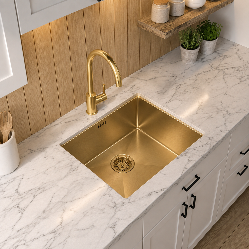 Verossi | 1.0 Bowl Kitchen Sink |With Chrome Strainer Waste Supplied | 540x440x205 | Brushed Gold