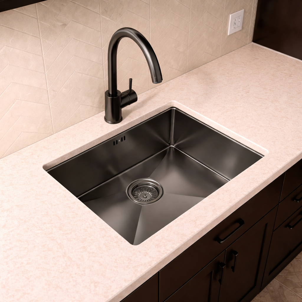 Verossi | 1.0 Bowl Kitchen Sink | Inset or Undermounted Sink | Chrome Strainer Waste Supplied | 540x440x205 | Gun Metal