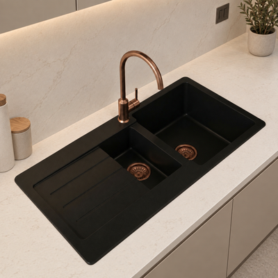Verossi |  1.3 Bowl Comite Kitchen Sink & Drainer | Left or Right Handed | Chrome Strainer Wastes Supplied | 1000 x 500mm | Black