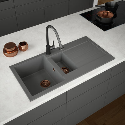 Verossi | 1.3 Bowl Comite Kitchen Sink & Drainer | Left or Right Handed | Chrome Strainer Wastes Supplied | 1000x500mm | Grey